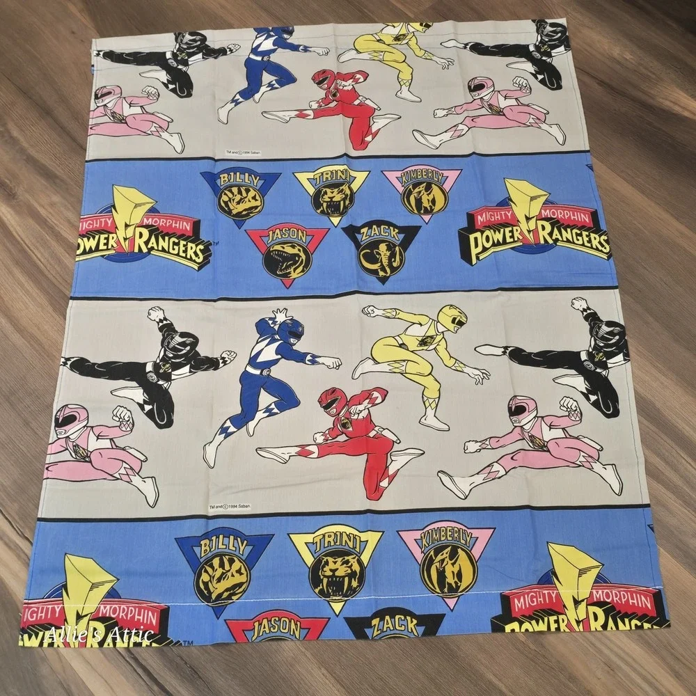 2 Power Rangers Curtains 1995 Blue Panels Boys Girls Vintage Room Decor 42x33
